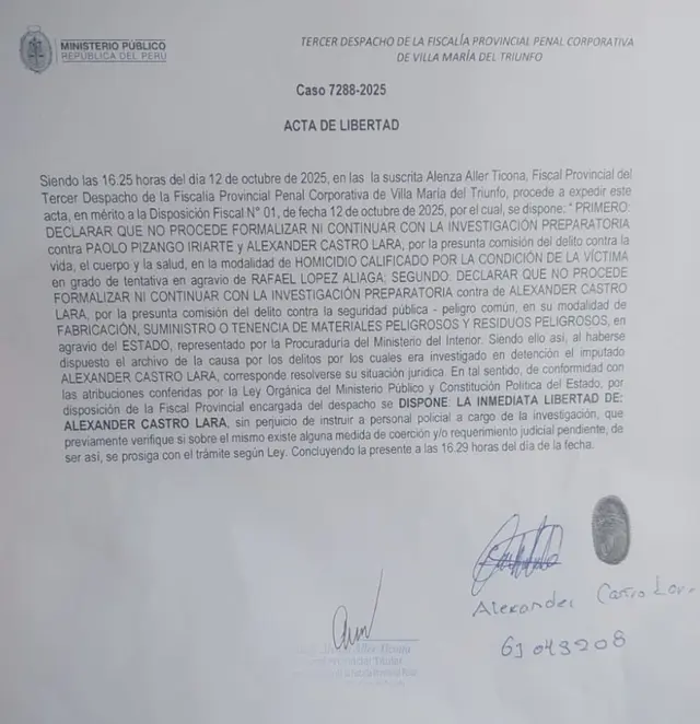 Acta de libertad de Alexander Castro Lara. Foto: Fiscalía   