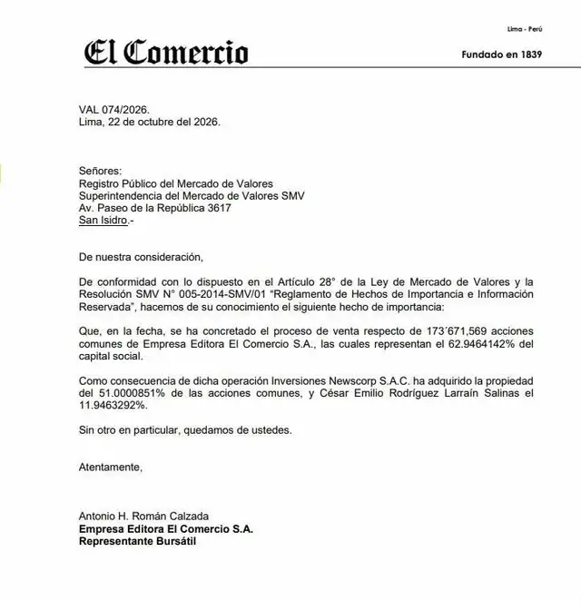 Carta enviada por El Comercio a la SMV donde informa que se concretó la venta del 62.94% de sus acciones. Carta enviada por El Comercio a la SMV donde informa que se concretó la venta del 62.94% de sus acciones.
