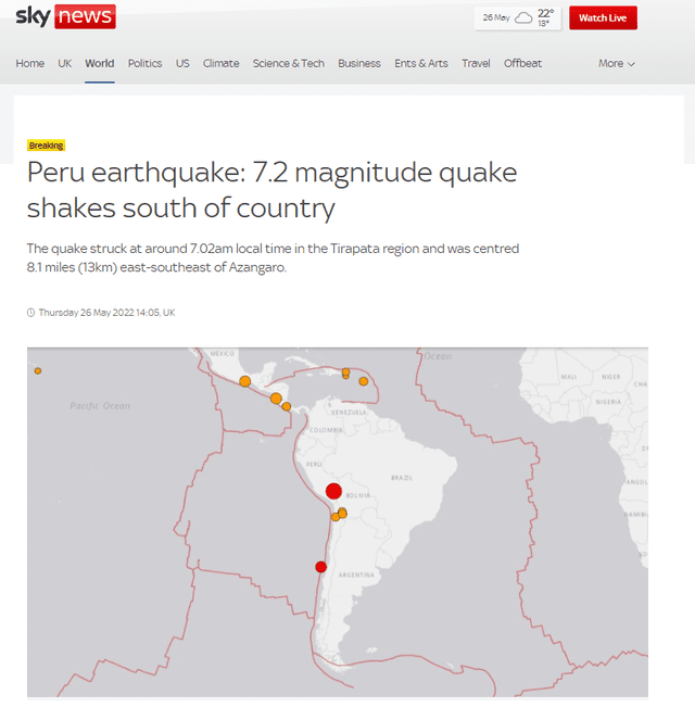 Medio Inglés Sky News reportó sismo en Puno. Foto: Sky News