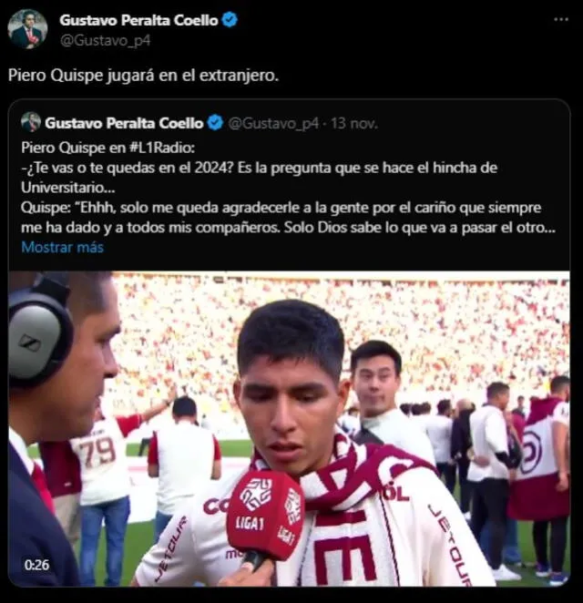 Tuit de Gustavo Peralta sobre Piero Quispe. Foto: captura X   