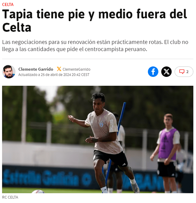  Renato Tapia perdió la titularidad en Celta por una lesión. Foto: Diario As.   