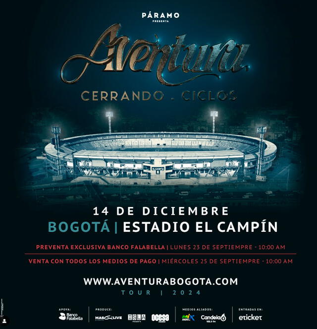 Aventura anunció un concierto en Bogotá para este 14 de diciembre. Foto: aventura / Instagram   