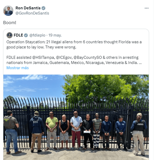 El gobernador de Florida, Ron de Santis, celebró la captura en sus redes sociales. Foto: Captura de X. El gobernador de Florida, Ron de Santis, celebró la captura en sus redes sociales. Foto: Captura de X.
