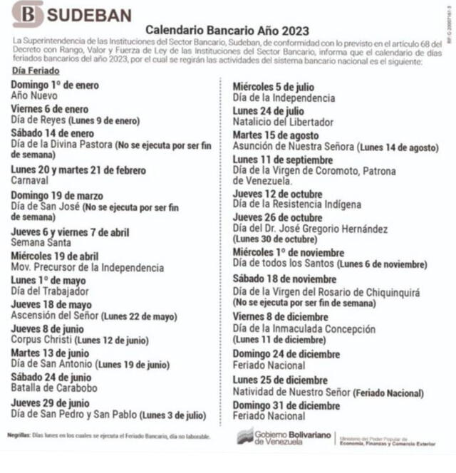 Calendario bancario 2023 Venezuela