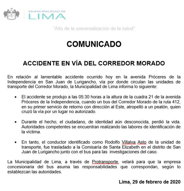 Municipalidad de Lima emitió un comunicado sobre accidente en Corredor Morado.