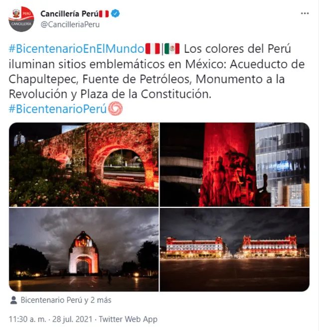 Los colores patrios iluminan sitios emblemáticos en México. Foto: captura de Twitter/@CancilleriaPeru