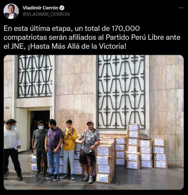 Perú Libre trabaja en la inscripción de nuevos militantes. Foto: Captura de Twitter