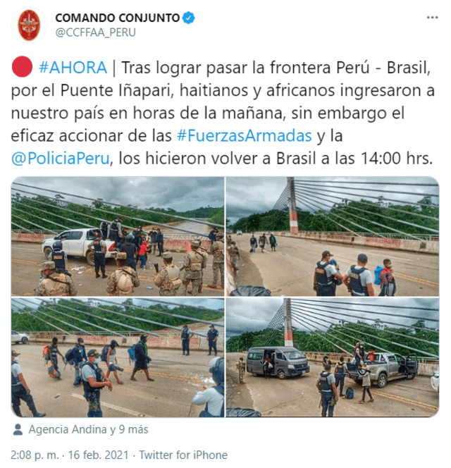 El Comando Conjunto manifestó en sus redes sociales que "hicieron volver" a las personas migrantes a Brasil. Foto: captura Twitter