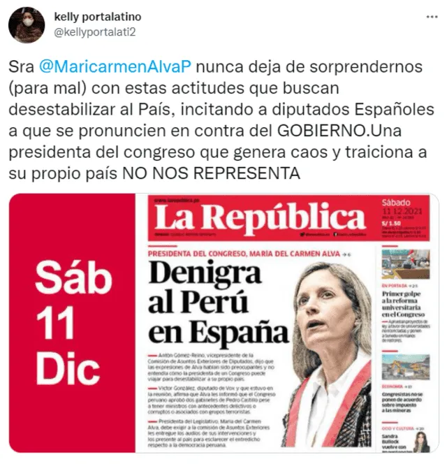 Kelly Portalatino critica a María del Carmen Alva. Foto: captura de Twitter