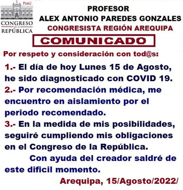Congresista emitió comunicado. Foto: Alex Paredes/ Facebook
