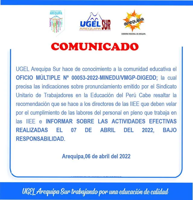 Comunicado. Foto: UGEL Sur