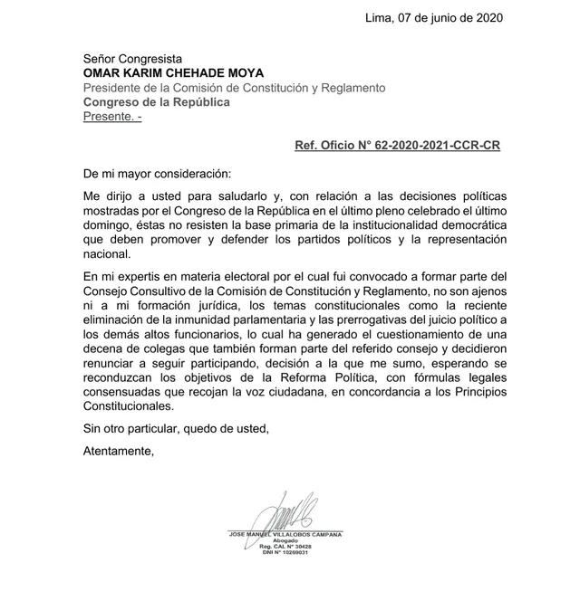 Renuncia del constitucionalista José Manuel Villalobos Campana.