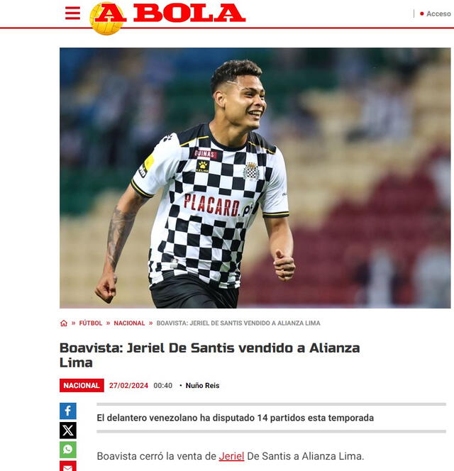 Jeriel De Santis es nuevo jugador de Alianza. Foto: A Bola.   