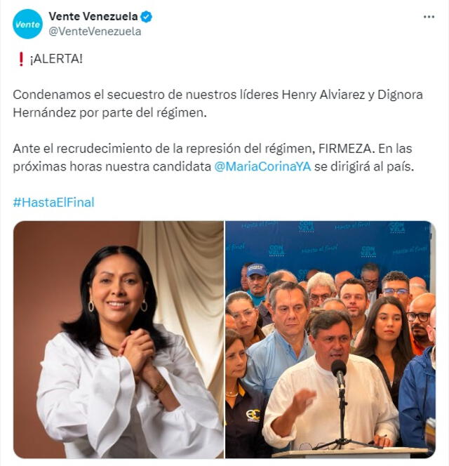 Pronunciamiento oficial de Vente Venezuela frente a las nuevas detenciones. Foto: X   