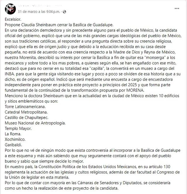 <em> Desinformación sobre Claudia Sheinbaum. Foto: captura de Facebook</em>   