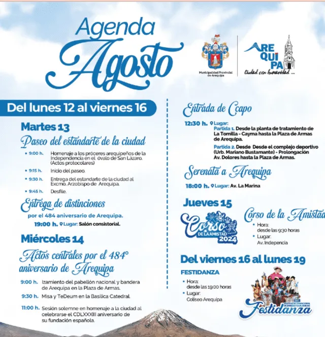 Agenda de actividades por el aniversario de Arequipa.    