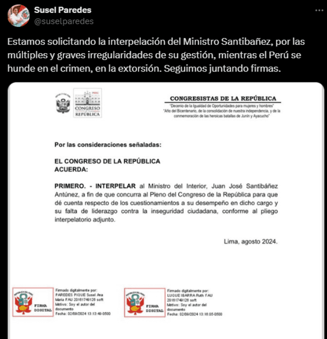 Congresista también publicó en sus redes sociales que recoge firmas para presentar una moción de interpelación contra el ministro Juan José Santiváñez. Foto: Susel Paredes- X.   