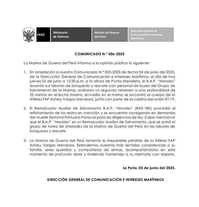 Comunicado de la Marina de Guerra. Comunicado de la Marina de Guerra.