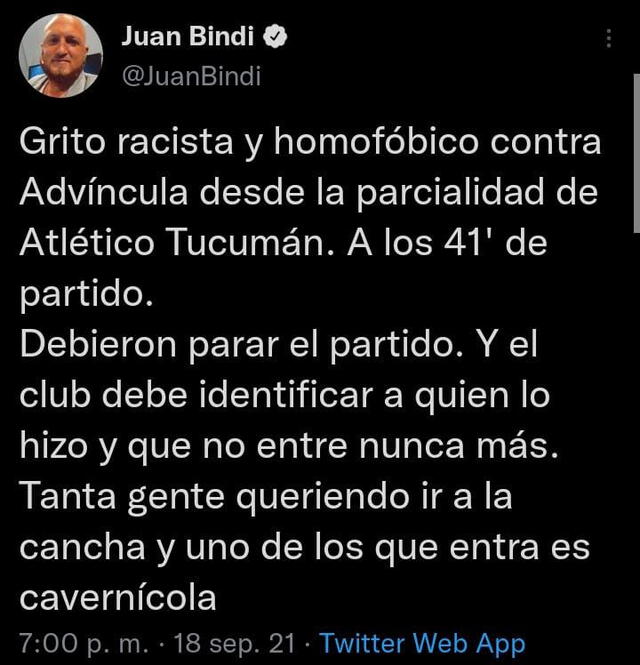 Periodista deportivo Juan Bindi denuncia lo acontecido. Foto: captura de Twitter