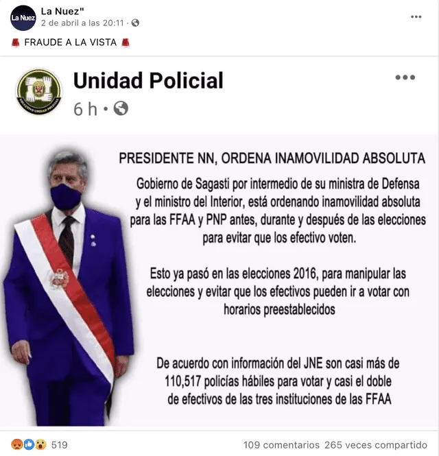 Publicación asegura que el Gobierno de Francisco Sagasti ha ordenado inmovilidad absoluta para las FFAA y Policía en el contexto de las elecciones. Foto: captura en Facebook
