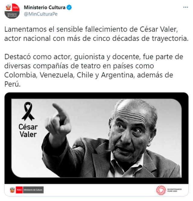 Ministerio de Cultura se pronuncia sobre el deceso de César Valer. Foto: captura Ministerio de Cultura / Twitter