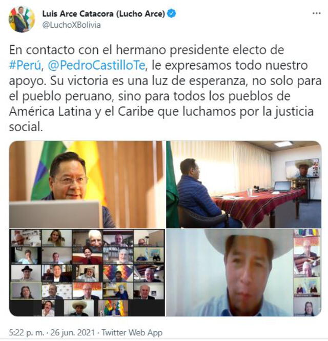 Luis Arce publicó en sus redes sociales fotografías del encuentro que realizó el Grupo de Puebla en apoyo a Pedro Castillo. Foto: captura Twitter