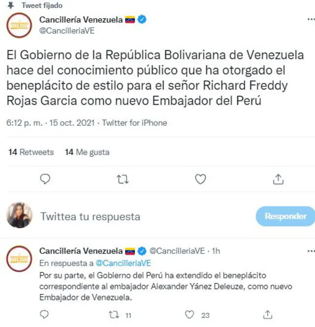 Tuits publicados desde la cuenta de la Cancillería de Venezuela sobre las nuevas designaciones diplomáticas. Foto. Twitter