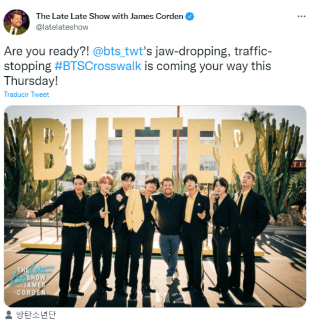 Publicación de The late late show with James Corden sobre crosswalk concert de BTS. Foto: captura/Twitter