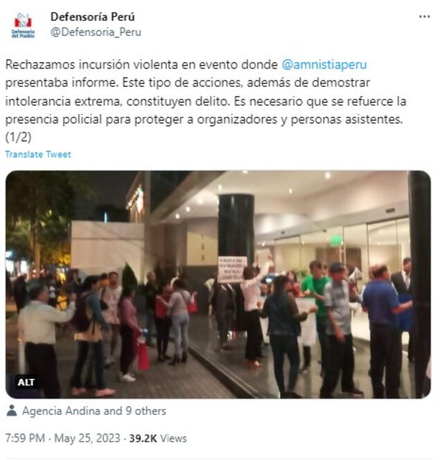  Defensoría rechaza actos de violencia durante presentación de informe de organización internacional. Foto: Twitter/@Defensoria_Peru<br><br>    
