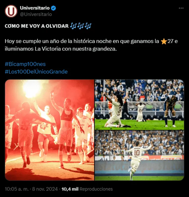  Post de Universitario en el que recuerda su estrella 27 ante Alianza Lima. Foto: captura de X/Universitario   