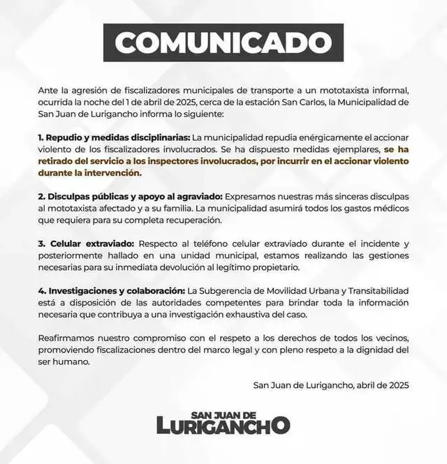 <br>La municipalidad se refirió a la agresión contra mototaxista. Foto: Municipalidad de San Juan de Lurigancho.   