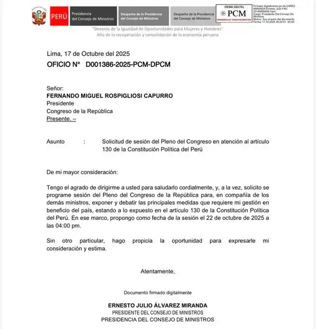 Oficio dirigido al presidente del Congreso. Foto: PCM   