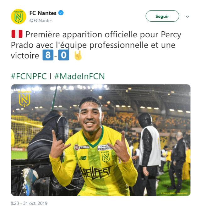 El peruano recibió las felicitaciones del Nantes por su debut. Foto: Twitter.