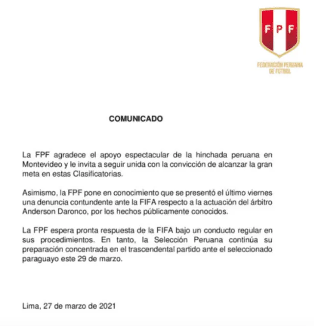 Comunicado de la selección peruana sobre el árbitro Anderson Daronco. Foto: FPF