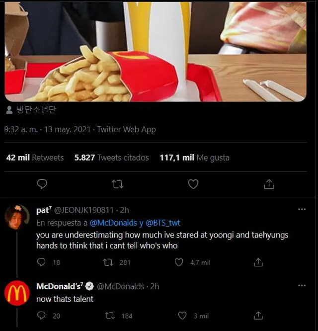 Respuesta de ARMY sobre el tuit publicado por McDonald para la campaña "Who's who" con BTS. Foto: captura Twitter
