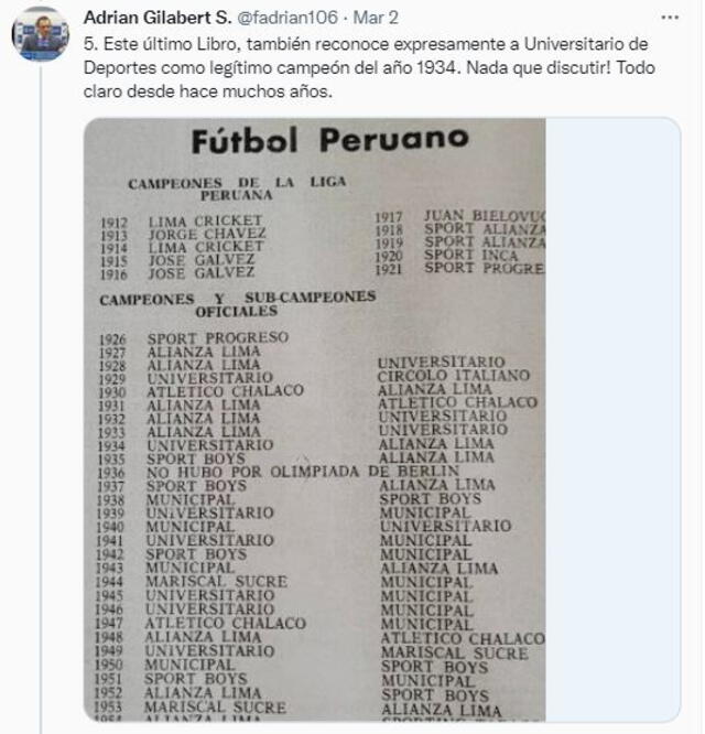 Publicación del abogado de Universitario, Adrián Gilabert, sobre título de 1934. Foto: captura Twitter