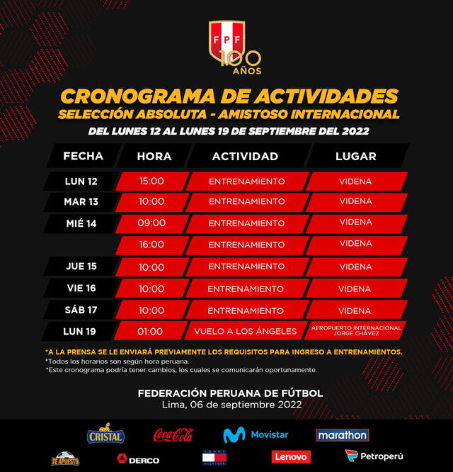 Cronograma de la selección nacional para los amistosos. Foto: Twitter/Selección peruana