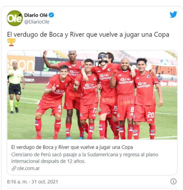 Este fue el post de Olé sobre el regreso de Cienciano a la Sudamericana.