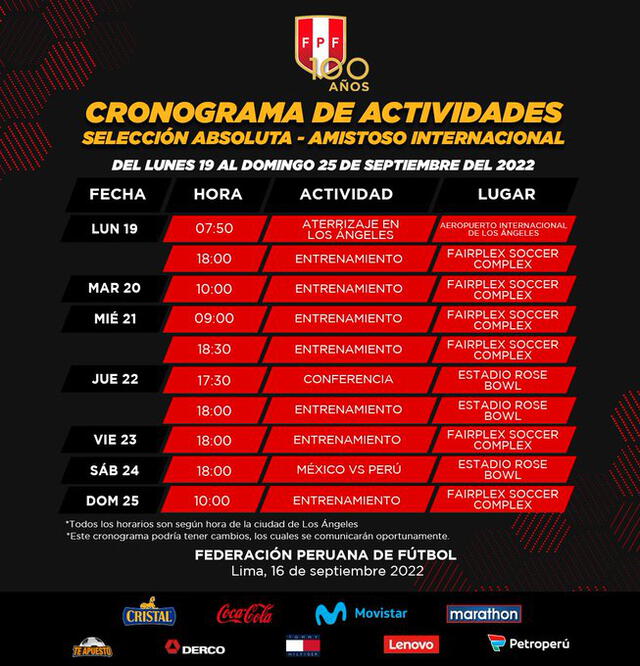 Cronograma de actividades de la selección peruana. Foto: FPF