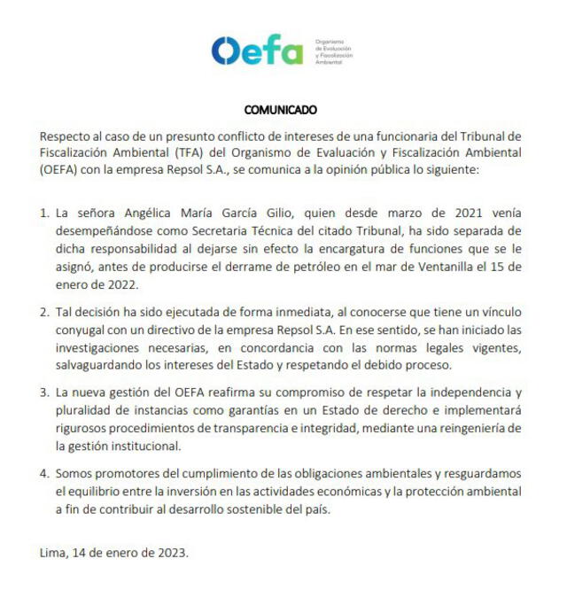 Comunicado de OEFA