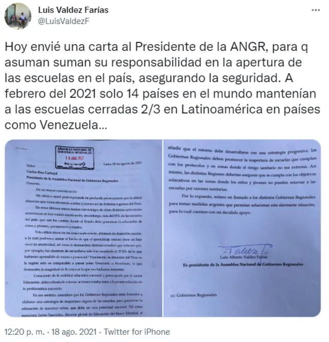 El excongresista Luis Valdez Farías presentó la misiva a fin de que las autoridades puedan apresurar el regreso a la presencialidad. Foto: captura de pantalla de Twitter