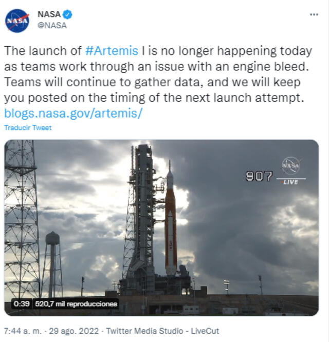 Anuncio de la NASA sobre la cancelación del lanzamiento de Artemis 1, rumbo a la Luna. Foto: captura de pantalla / Twitter / NASA