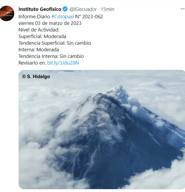 Último informe del volcán Cotopaxi del 3 de marzo de 2023. Foto: Twitter/IGecuador   