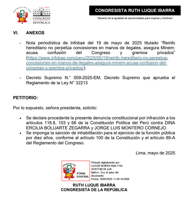 Luque pide que Boluarte sea inhabilitada 10 años Luque pide que Boluarte sea inhabilitada 10 años