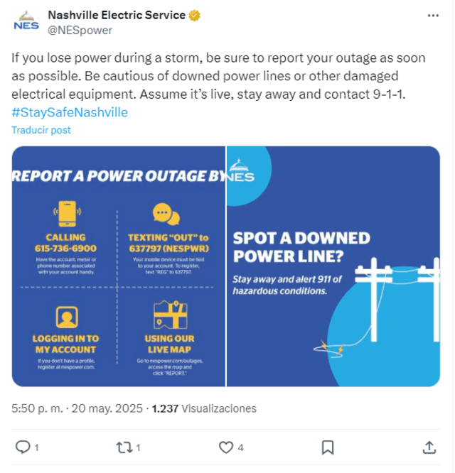 If you lose power during a storm, report it immediately and stay clear of downed power lines—they could be live. Always prioritize safety and call 9-1-1 if you encounter damaged electrical equipment. Photo: Nashville Electric Service X account If you lose power during a storm, report it immediately and stay clear of downed power lines—they could be live. Always prioritize safety and call 9-1-1 if you encounter damaged electrical equipment. Photo: Nashville Electric Service X account