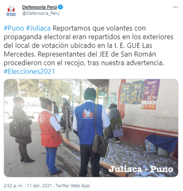 La propaganda política durante las Elecciones Generales 2021 es sancionado por el JNE. Foto: captura Twitter Defensoría del Pueblo