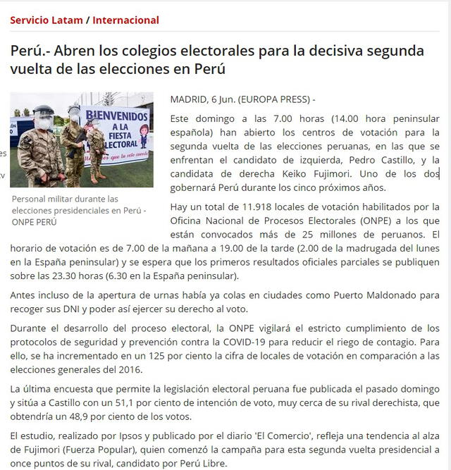La agencia Europa Press desde Madrid se ha referido a la segunda vuelta en Perú. Foto: captura de pantalla