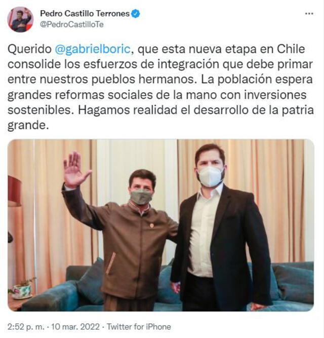 Pedro Castillo saludó designación de Gabriel Boric como nuevo presidente de Chile. Foto: captura de Twitter