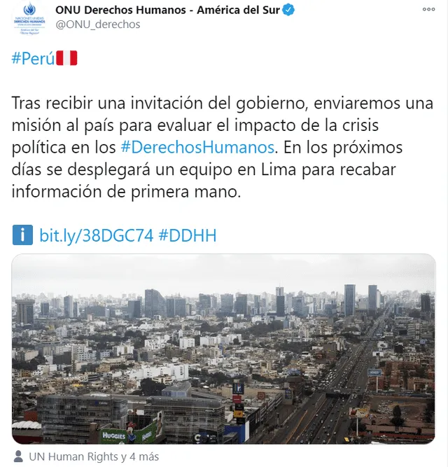 ONU recibió una invitación por parte del Gobierno peruano para iniciar una investigación sobre posibles casos de violación a los DDHH. Foto: captura/Twitter UN Human Rights.