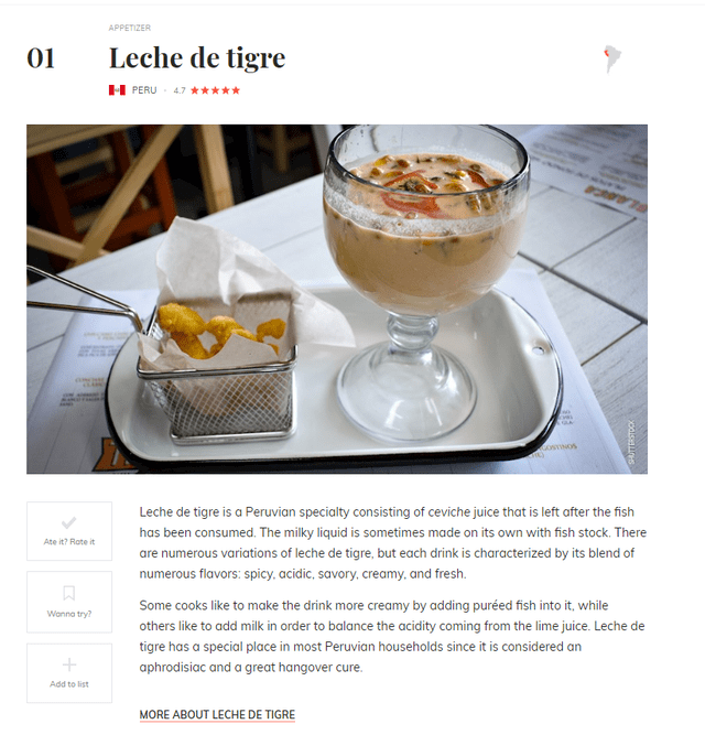  La reseña de Taste Atlas sobre la leche de tigre. Foto: Taste Atlas   